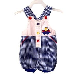 Vintage Small Steps Blue & White Checkered Kids Overalls with Bear Size 6/9 Mos